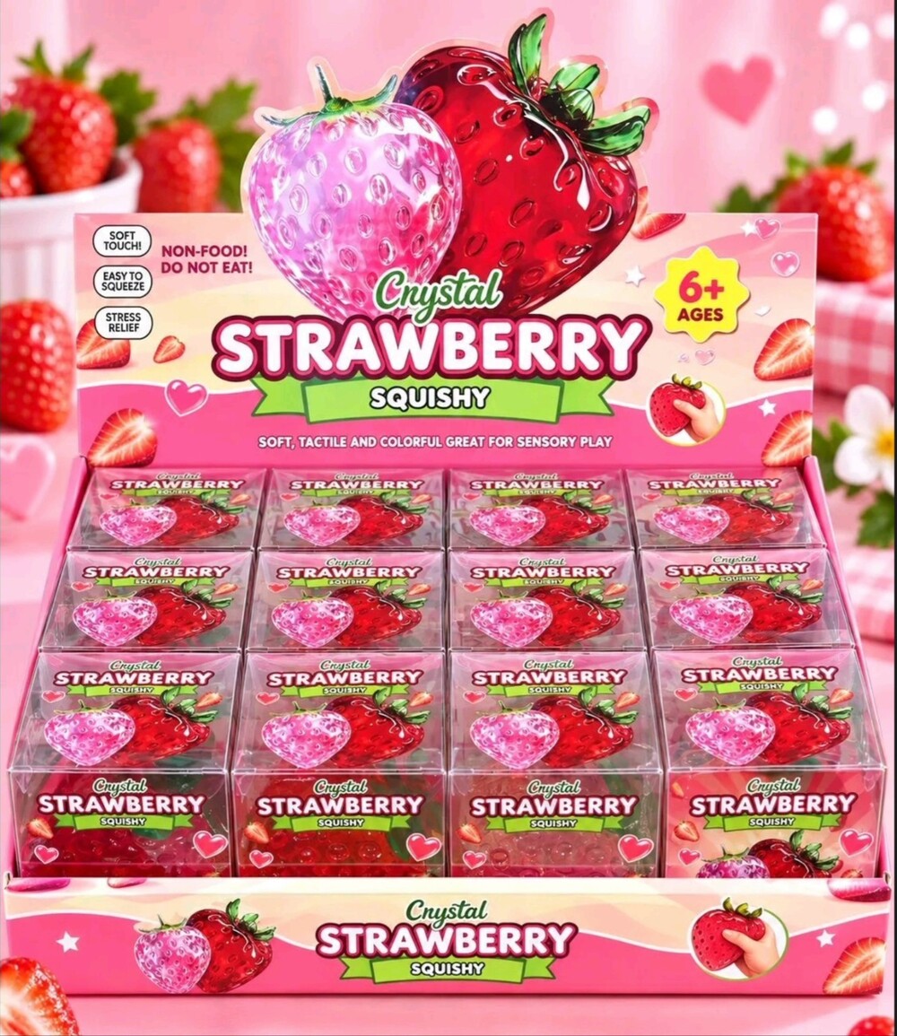 Crystal Strawberry Squishy Stress Relief Toy Pink Crystal Design Ages 6+